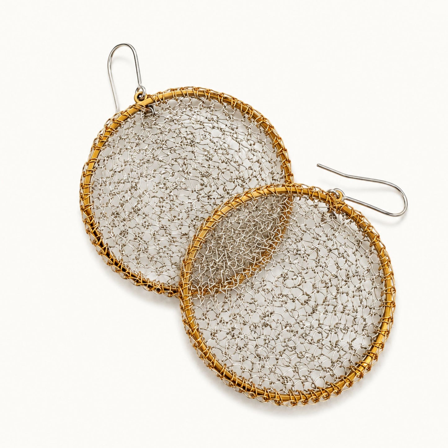 rochet Eclipse hand-crocheted sterling silver earrings on brass hoops by JYOCO