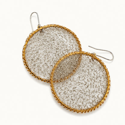 rochet Eclipse hand-crocheted sterling silver earrings on brass hoops by JYOCO