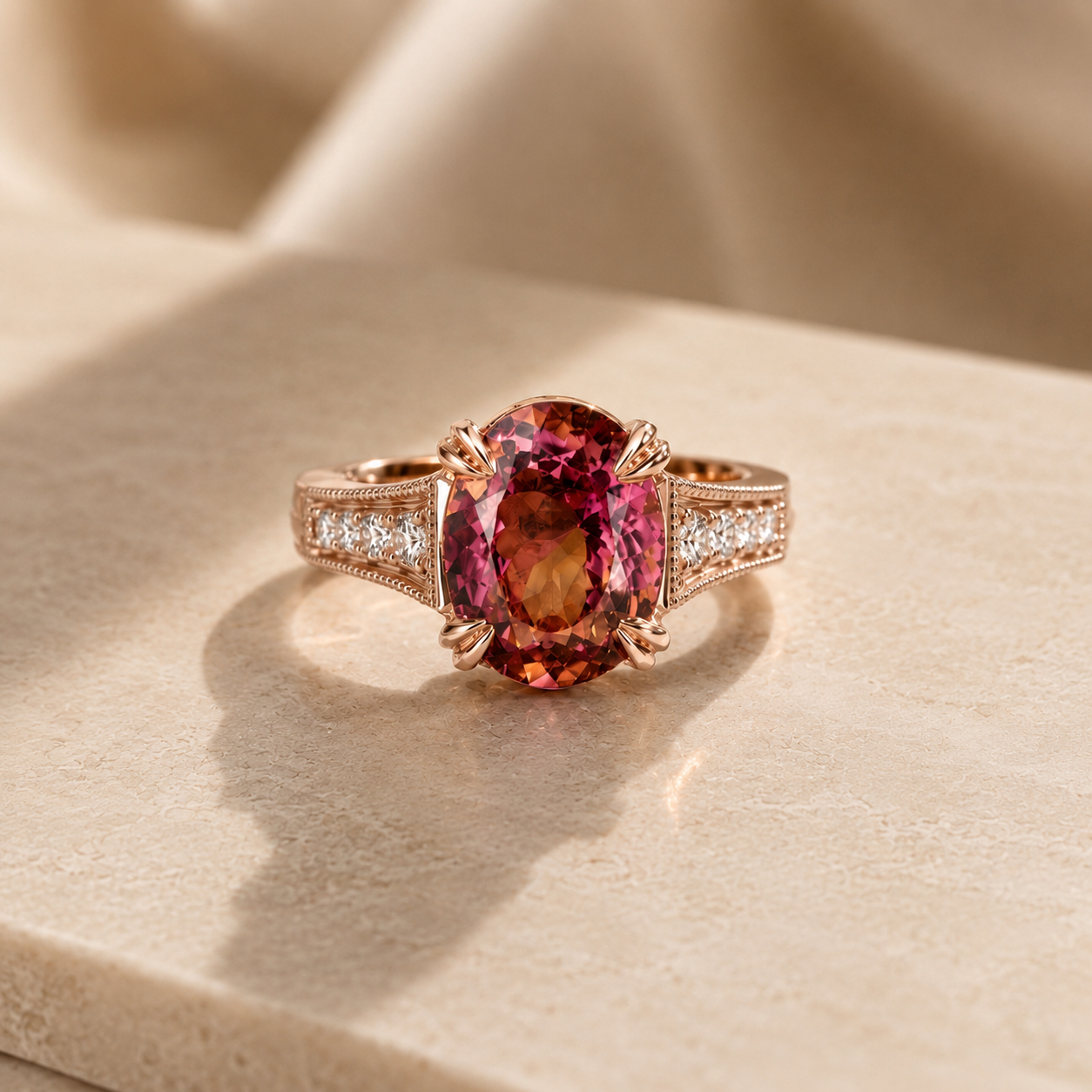 Rose gold ring with a large tourmaline gemstone and smaller diamonds. double claws setting