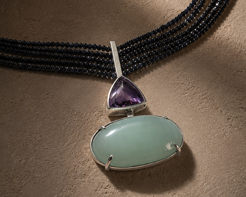 Necklace with sapphire beads and a pendant featuring a aquamarine stone and ametrine gemstone on a beige surface.