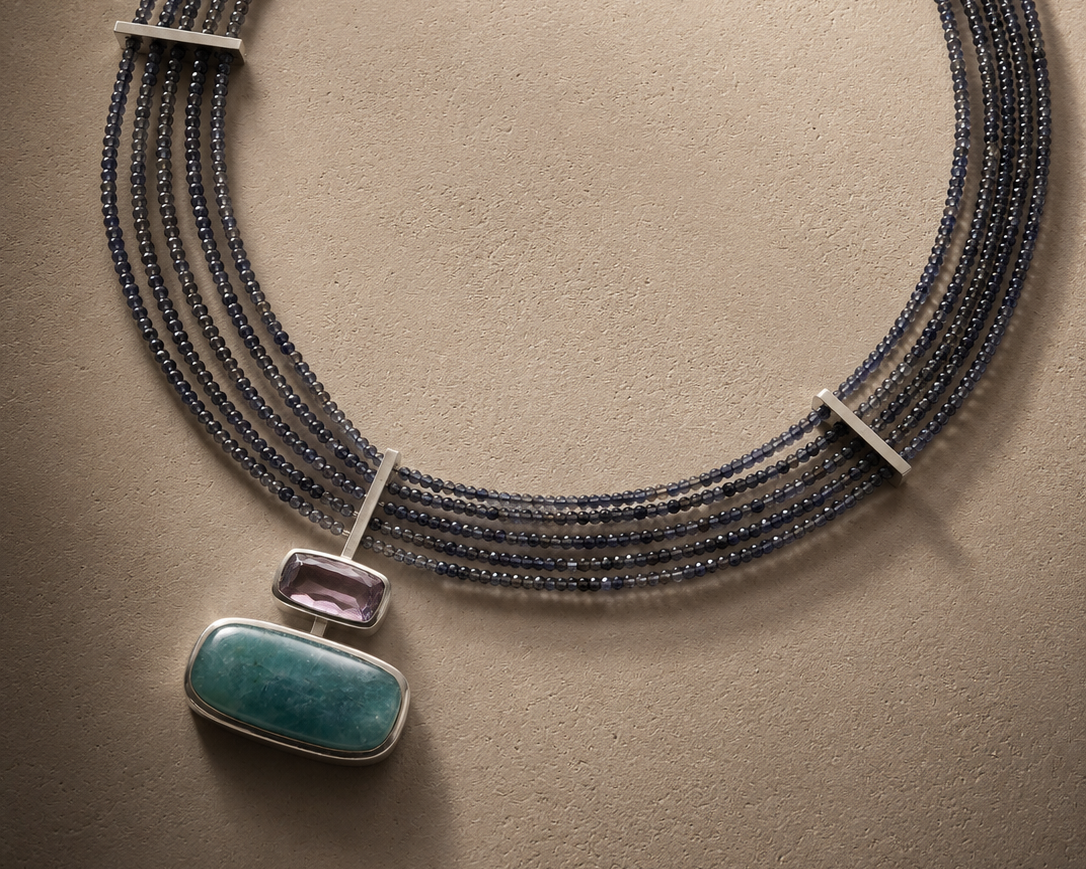 Bespoke silver necklace with aquamarine cabochon, amethyst gemstone and sapphire beads, handcrafted designer jewellery by JYOCO Jewellery