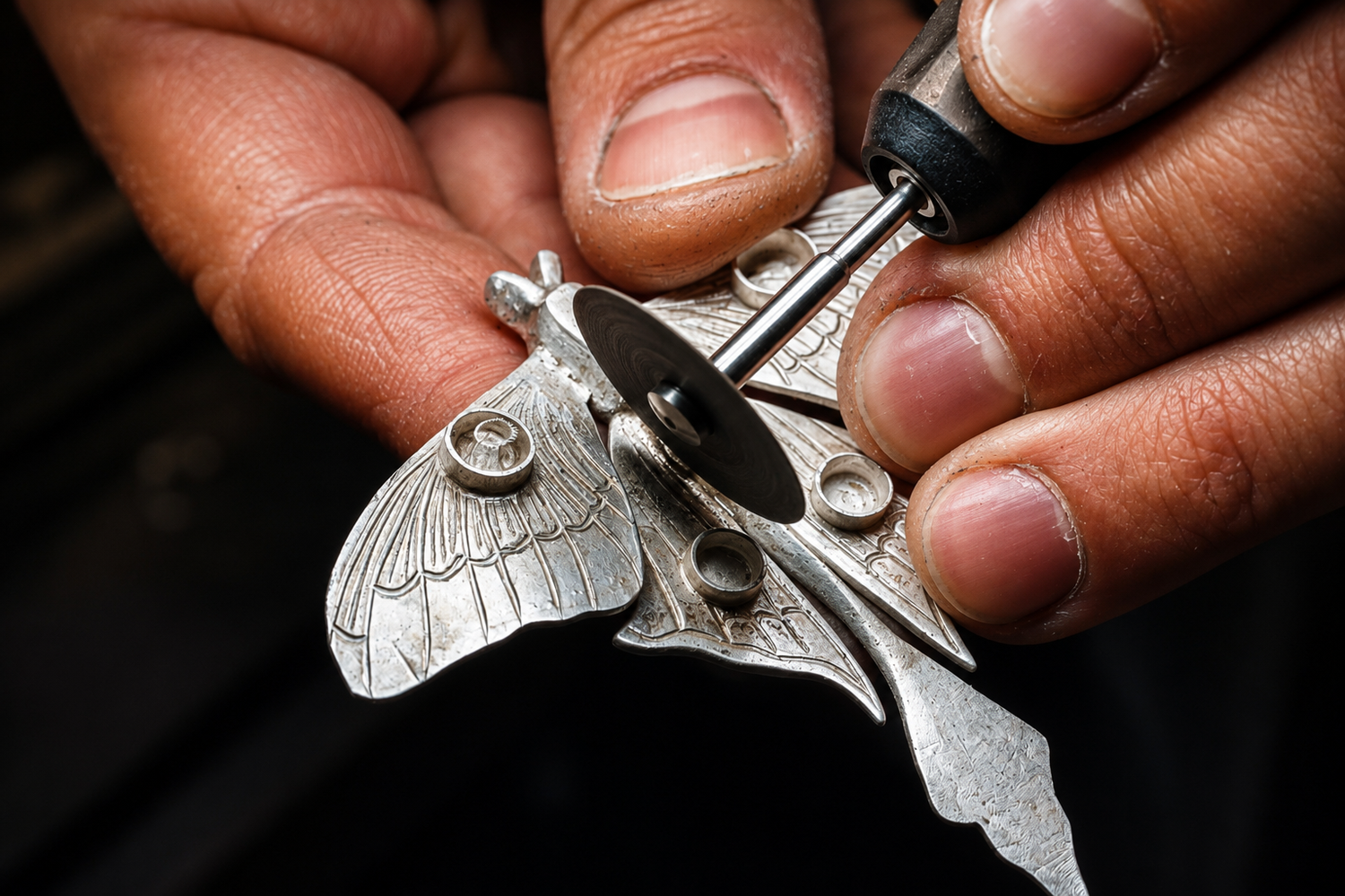 Close-up of hands working on a silver moth pendant with tools at JYOCO atelier.