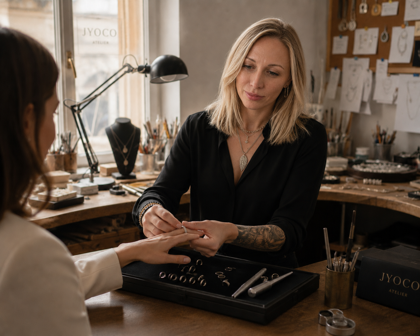 Joanna Krotofil-Owsian in a black blouse sits at a wooden workbench in a jewelry studio, holding a tray of small silver jewelry pieces while another person at the table reaches toward the items. A black box with the visible brand JYOCO is on the bench, along with tools and sketches in the background.