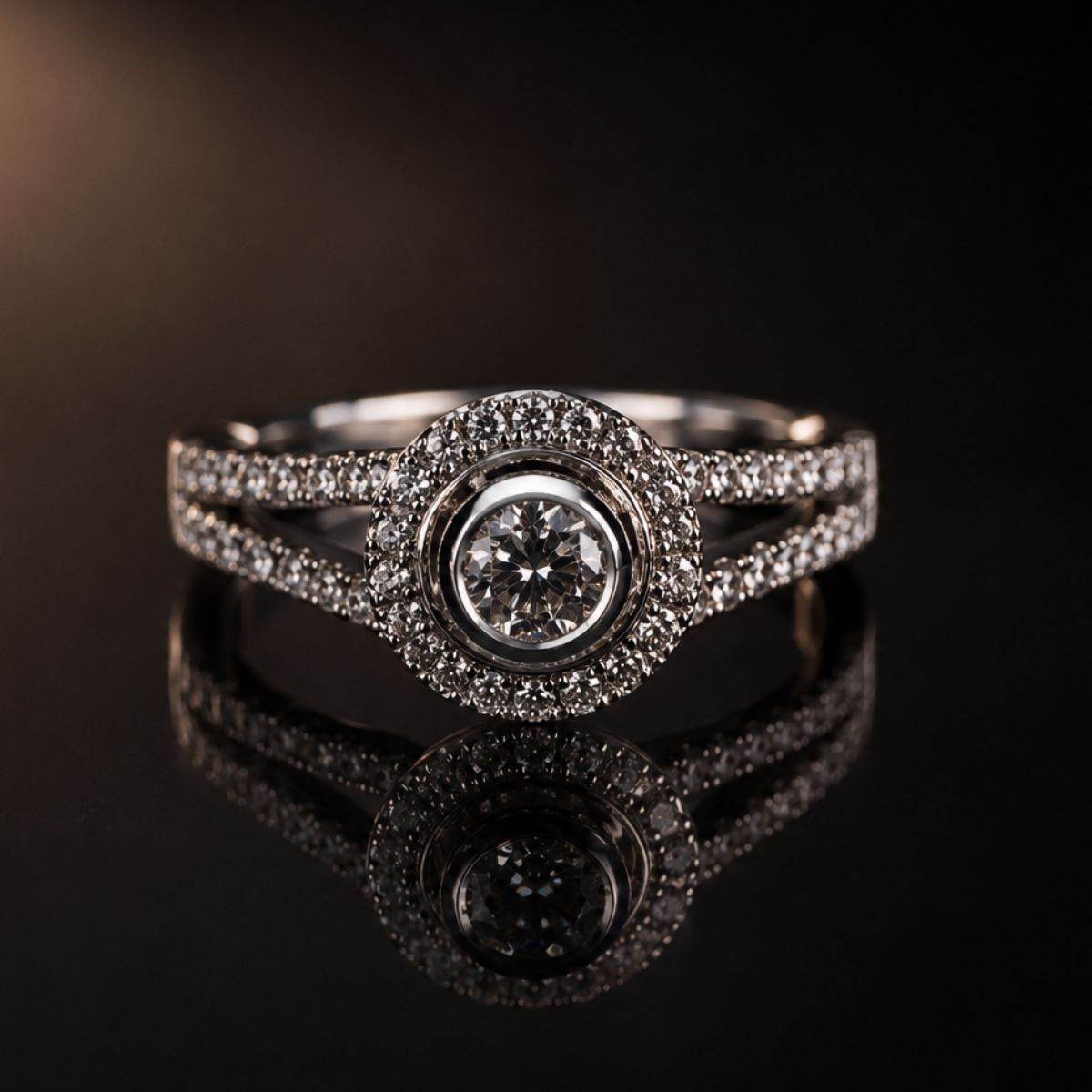 white gold black Diamond ring with a dark background