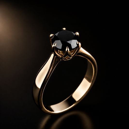 Gold ring with a black diamond on a dark background