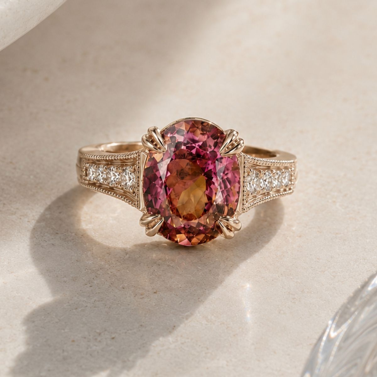 Ring with a large pink gemstone and diamond accents on a light background