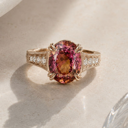 Ring with a large pink gemstone and diamond accents on a light background