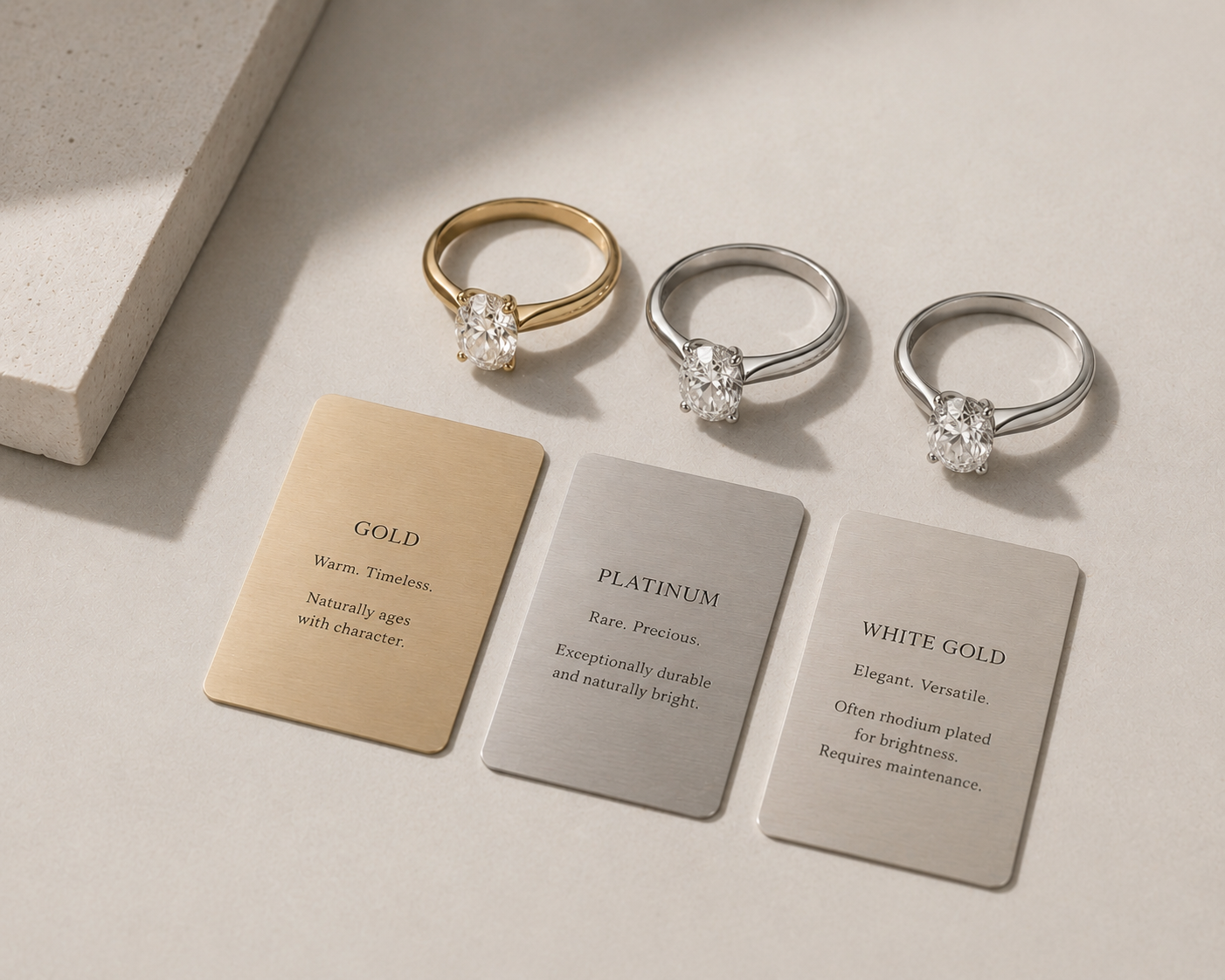 Comparison of yellow gold, platinum and white gold engagement rings illustrating the differences between precious metals for engagement rings. Educational guide by JYOCO.