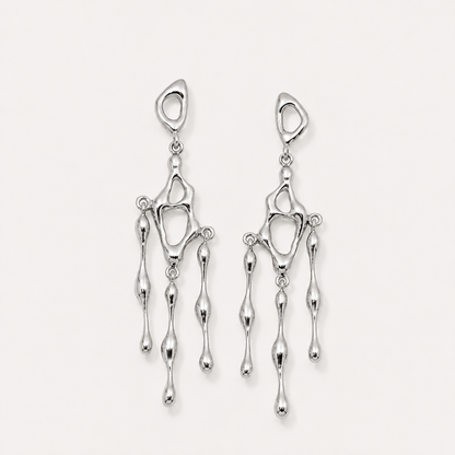 Pair of silver earrings on a light gray background